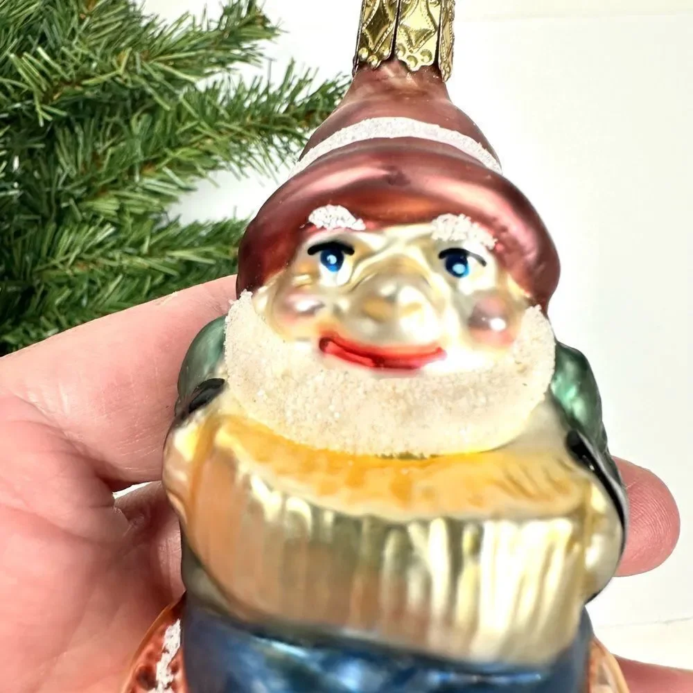 INGE GLAS Germany Glass Christmas Ornament Gnome On Log Playing Accordion